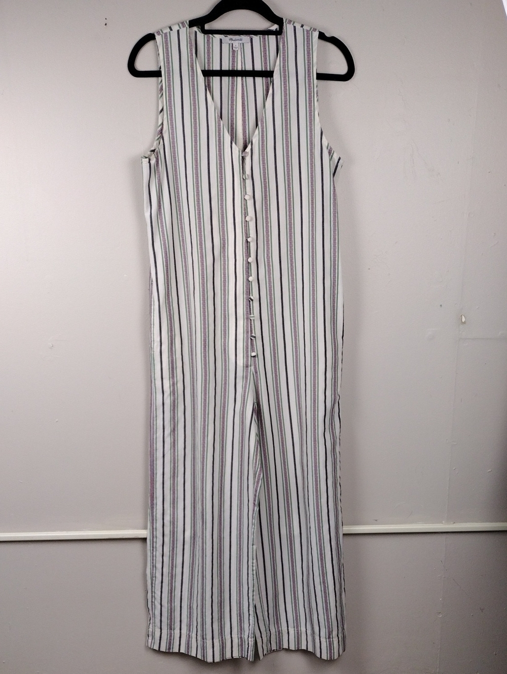 Madewell White Multicolored Striped V-Neck Button Front Sleeveless Jumpsuit Pant
